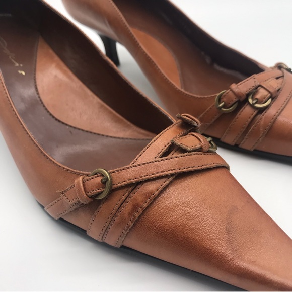 Dolci Pointed Brown Toe Leather Buckle Strap Stiletto Pump Kitten Heel Shoe Sz 4 - Picture 4 of 14